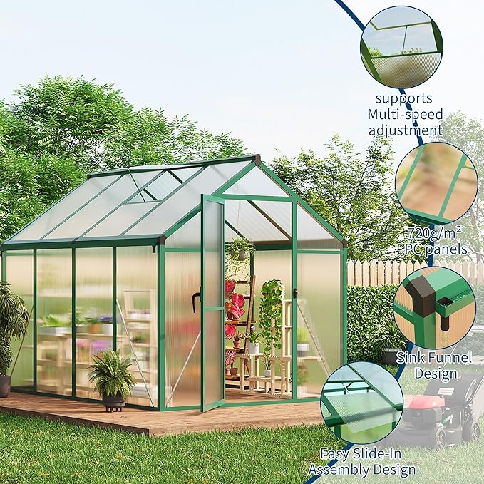 GarveeLife 6X8 FT Greenhouse for Outdoors, Polycarbonate Greenhouse with Roof Vent, Ground Nails, Lockable Push Door, Aluminum Large Walk-in Green House for Outside Garden Backyard, Patio, Lawn, Green