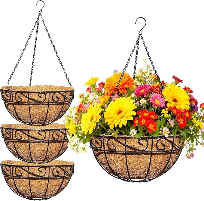 4 Pack 12 Inch Metal Outdoor Hanging Baskets Black Heavy Duty Hanging Planters with Coco Liners for Indoor Outdoor Plants Gardens Patios Terraces（Lace）