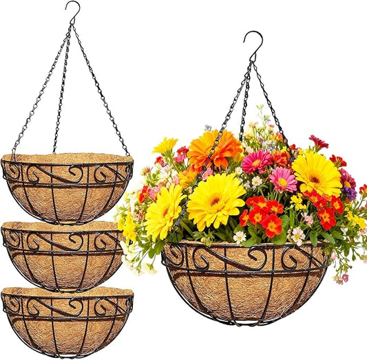 4 Pack 12 Inch Metal Outdoor Hanging Baskets Black Heavy Duty Hanging Planters with Coco Liners for Indoor Outdoor Plants Gardens Patios Terraces（Lace）