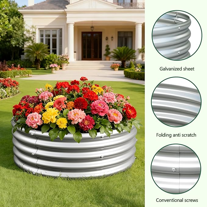 Foxlang 2x2x1ft(2 Pack) Galvanized Round Raised Garden Bed,Outdoor Planter Box Metal Patio Kit Planting Bed for Vegetables Flowers Herb,Silver