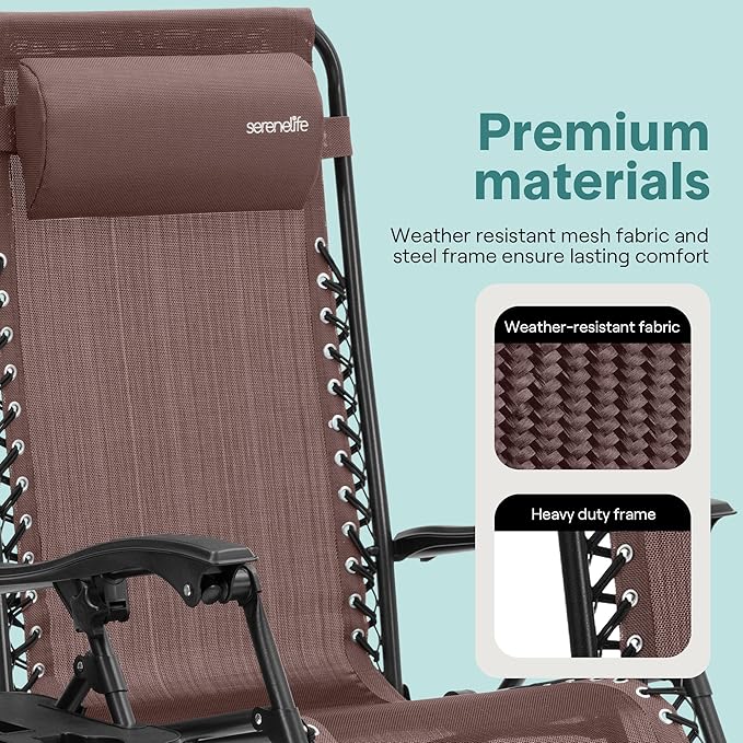 SereneLife Outdoor Zero Gravity Lounge Chair Set, 2 Pack Adjustable Recliner Chairs with Cup Holder Side Table and Padded Headrest, Foldable Patio Lawn Chairs, Weather Resistant Design (Brown)