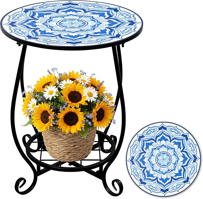 Mosaic Outdoor Side Table - Round Flower Patio Accent with Plant Stand, 14" Coffee Tea Metal Outside End Table for Yard Patio Porch Balcony Garden Indoor Living Room Bedroom Decor