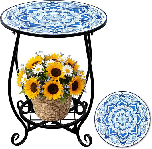 Mosaic Outdoor Side Table - Round Flower Patio Accent with Plant Stand, 14" Coffee Tea Metal Outside End Table for Yard Patio Porch Balcony Garden Indoor Living Room Bedroom Decor