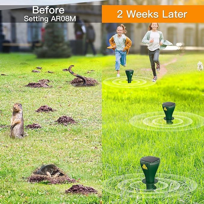 4 Pack Mole Repellent Solar Powered - Ultrasonic Gopher Deterrent Stake for Outdoor Lawns with Electic Vibration, Repels Snake Vole Groundhog Armadillo from Yard and Garden