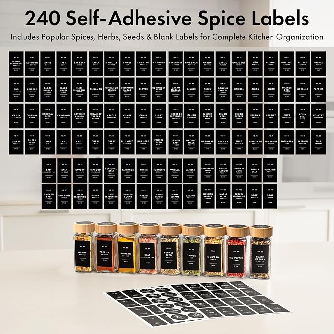 EDELHAUS Glass Spice Jars with Label, 24x Bamboo Wooden Lids - Black Labels | Airtight Lids keep spices fresh, Kitchen Spice Drawer Organizer, 4oz Seasoning Containers incl. Funnel, Brush & 240 Labels