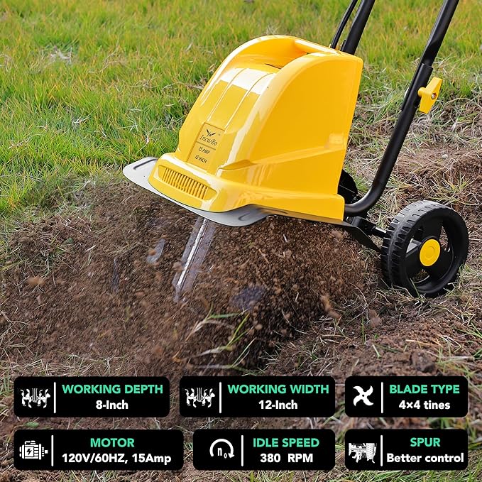 IncwBo Electric Tiller/Cultivator 4 Steel Tines, Garden Roto Tillers for Gardening, 15Amp 12 Inch Corded Rototiller with Adjustable Wheels