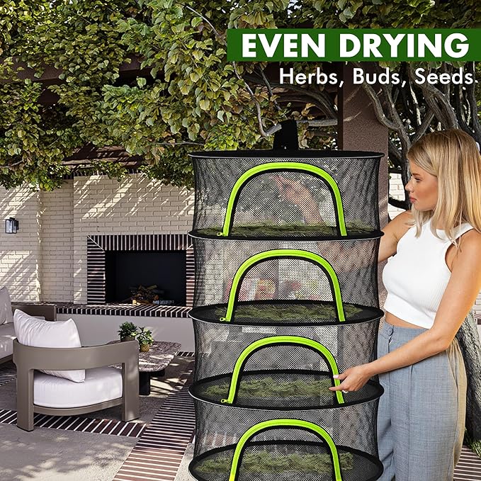 Herb Drying Rack Hanging Mesh 6 Layer 24" with Zipper, Gloves, Garden Pruning Shear, Hook & Carabiner Clip for Drying Herbs, Plants, Seeds, Buds | Outdoor, Hydroponics Herb Dryer Hanging Rack