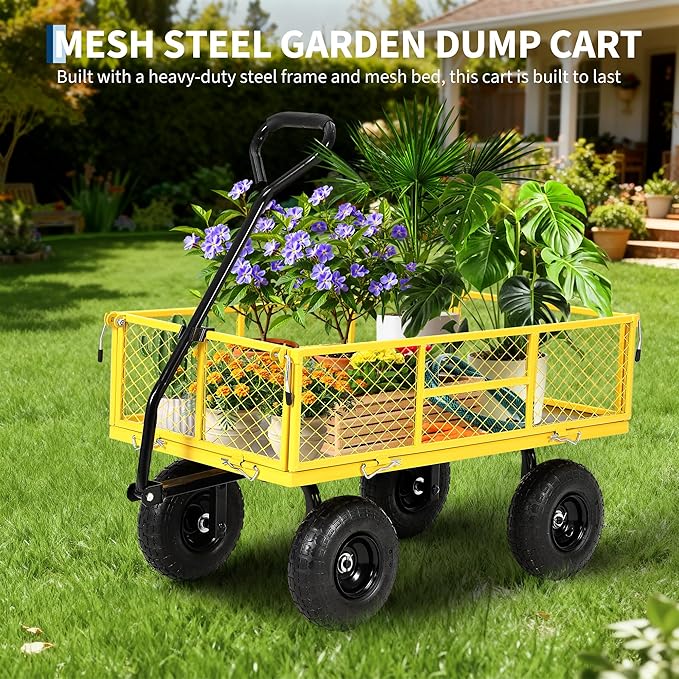 900 Lbs Heavy Duty Steel Garden Cart, Garden Wagon Cart on Wheels, Outdoor Metal Yard Utility Wagon Carts with and Mesh Removable Sides and 180°Rotating Handle,Yellow