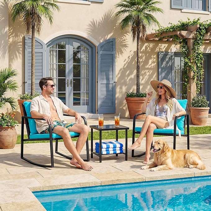 Flamaker Patio Chairs 3 Piece Wicker Rocking Chair Outdoor Bistro Sets with Coffee Table and Cushions Metal Frame Patio Furniture for Porch, Balcony, Lawn (Blue)