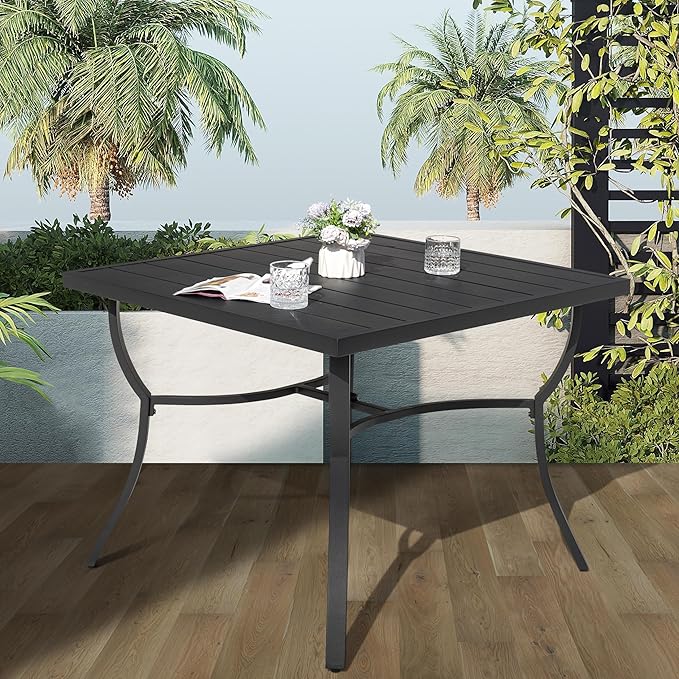 NUU GARDEN 36" Aluminum Slat Top Outdoor Patio Dining Table, 4 Person Square Aluminum Bistro Table with 1.97" Umbrella Hole, Powder Coated Frame Dining Tables for Lawn, Garden and Balcony, Black