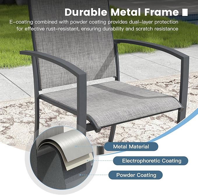 DIFY Patio Chairs Set of 4, Stackable Outdoor Dining Chairs with High Back & Metal Frame, All Weather Breathable Textilene Fabric Outdoor Chairs Set for Backyard Garden Deck, Grey