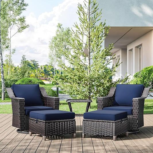 5 Pieces Wicker Patio Furniture, Luxury Outdoor Furniture with 2 Patio Swivel Chair, 2 Patio Ottoman and 1 Side Table, Wide Armrest, Thickened Cushions, Ideal for Deck, Porch Use