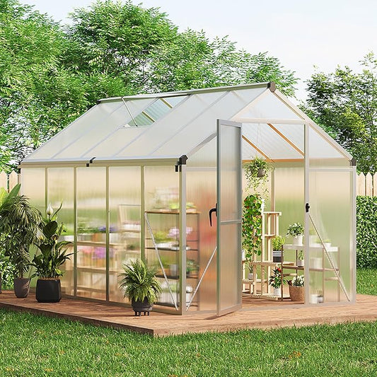 Garvee 6 x 10 ft Greenhouse, Greenhouses for Outside, Polycarbonate Greenhouse with Aluminum Frame, Lockable Door and Ajustable Roof Vent for Backyard, Green Houses for Outside Garden Backyard, Patio