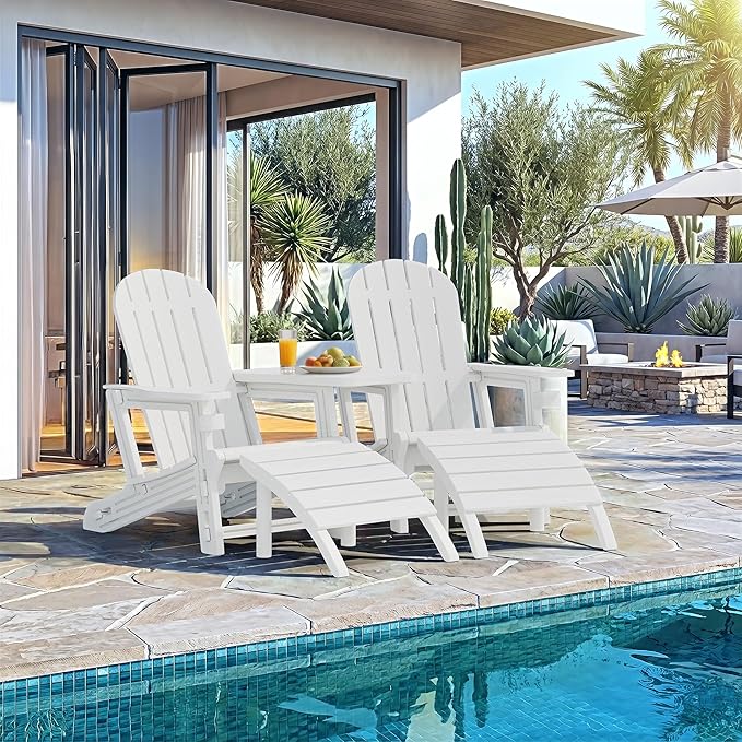 Vongrasig Adirondack Chairs Set of 2 with Removable Tabletop and Footrest, HDPE Plastic Outdoor Chair Set with Wooden Textured, Cup Holder for Patio, Poolside, Garden, White, 5 Pieces