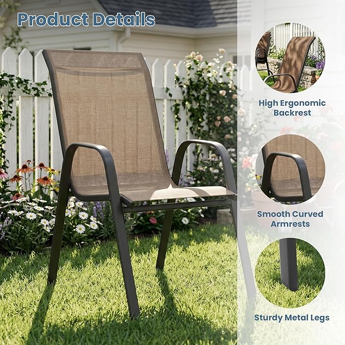 DIFY Patio Chairs Set of 6, Stackable Outdoor Dining Chairs Set with Breathable Textilene High Back and All-Weather Metal Frame for Garden, Backyard, Deck, Brwon
