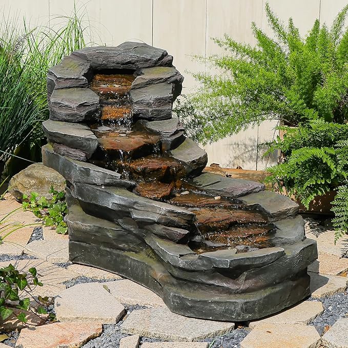 Sunlinua 49" L Water Fountain Outdoor 5-Tiers Rock Natural Waterfall Fountains Floor Standing Water Features with LED Lights for Garden, Patio, Porch, Home Art Decor