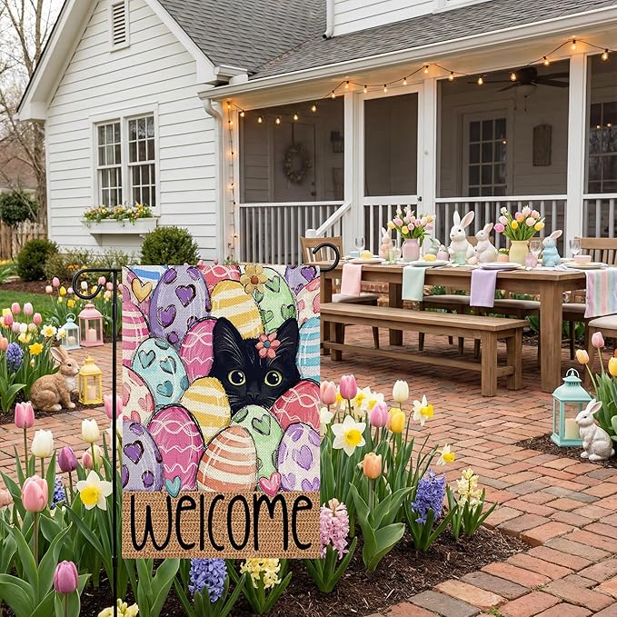 CROWNED BEAUTY Easter Garden Flag Eggs Cat 12x18 Inch Double Sided Holiday Decoration for Outdoor Lawn Yard