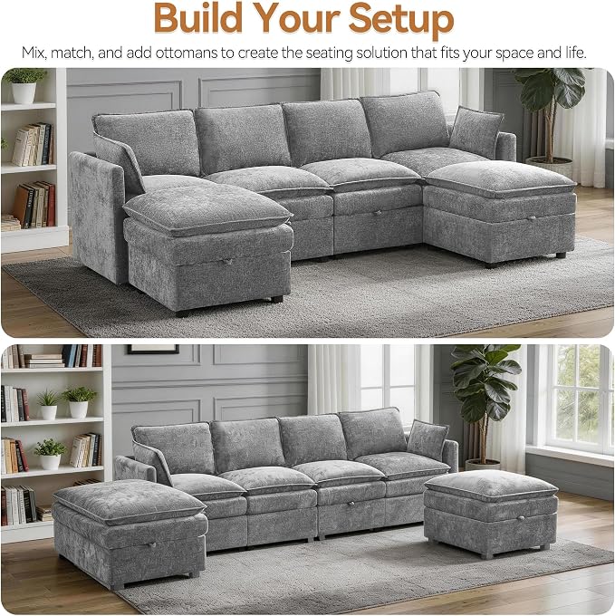 27" Storage Ottoman for Modular Sectional Sofa, Chenille Cloud Couch Footrest with Storage, Large Modern Sofa Ottoman with Hidden Storage for Living Room, Apartment, Bedroom, Small Space, Light Grey