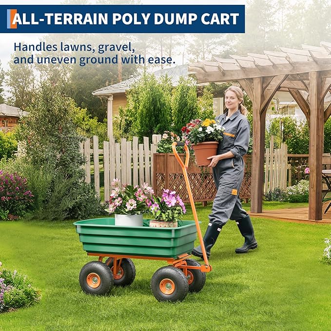 Garden Dump Cart, 1200 Lb Capacity Heavy Duty Utility Cart, Wheelbarrow with 180° Pivot Handle for Yard, Lawn & Gardening(Green+Orange)