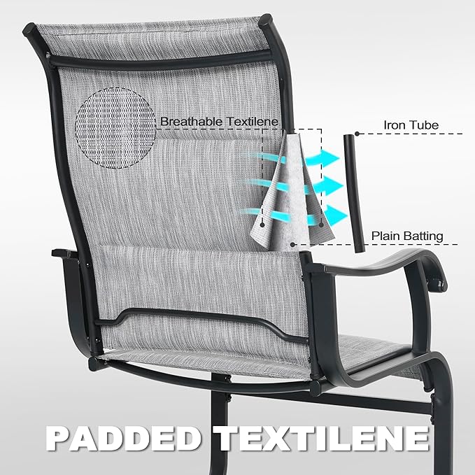 NUU GARDEN Patio Dining Chairs Set of 2, All Weather Outdoor Padded Textilene Patio Chairs, Breathable Spring Motion Textile High Back Outdoor Dining Chairs for Backyard, Lawn, Deck, Grey
