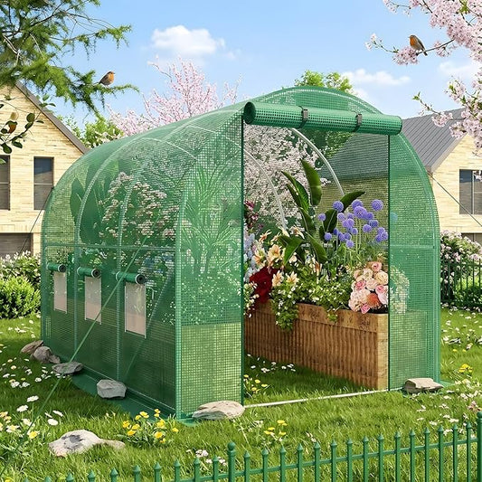 Superlele 10x7x7FT Tunnel Greenhouse for Outdoors, Heavy Duty Walk in Greenhouse, Large Garden Green House with Reinforced PE Mesh Cover, 6 Windows with Screen, Stakes and Ropes, Green