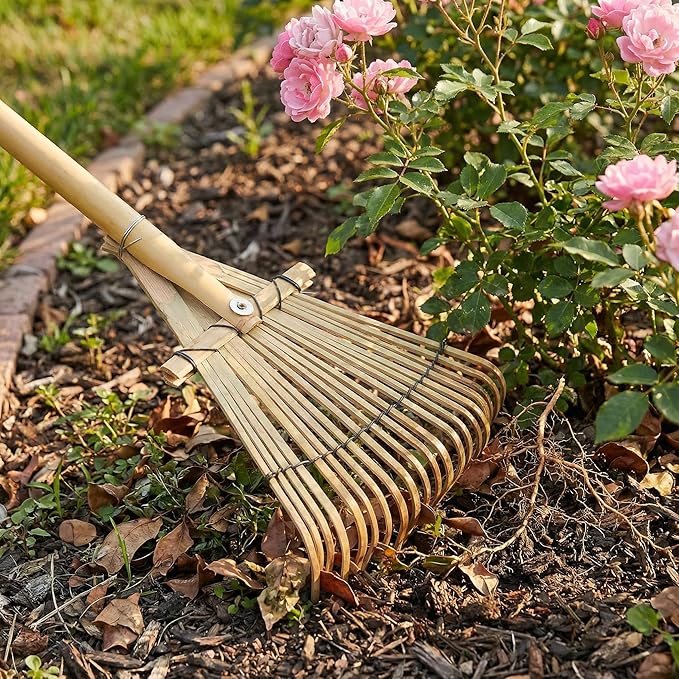 Toddmomy 23" Bamboo Hand Rake for Garden & Landscaping, Lightweight 20-Tine Wooden Rake for Leaves, Debris Gathering & Loosening, Compact Manual Cultivator for Yard, Flower Beds & Zen Garden