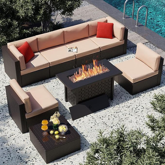 Vongrasig 8 Pieces Patio Furniture Set with 43" Fire Pit, Outdoor Couch Sectional Set, Small Conversation Set, 50,000 BTU Gas Fire Pit Propane Fire Table with Lid, Glass Wind Guard, Beige