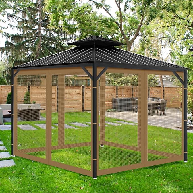 Gazebo Universal Replacement Mosquito Netting, 8' x 8' Outdoor Mesh Netting Screen 4-Panel Sidewall with Zipper for Patio, Canopy, Garden and Backyard, Khaki(Mosquito Net Only)