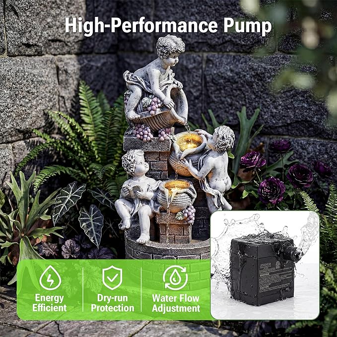 21-Inch Outdoor Water Fountain, 4-Tier Cascading Resin Cherub Garden Fountain with 3 LED Lights, European Style Decorative Water Feature for Backyard, Patio, Deck, Lawn, Balcony in Gray