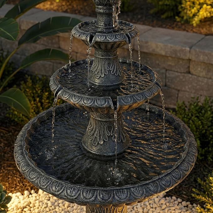 52-Inch Outdoor Water Fountain, 3-Tier Large Italian Faux Stone Resin Waterfall Fountain with 2 LED Lights, Large Bird Bath Basin Water Feature for Garden, Patio, Backyard, Deck, Lawn in Black