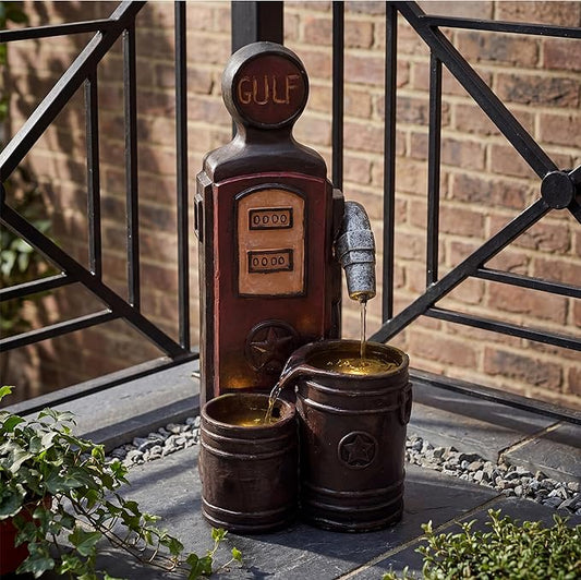 20-Inch Outdoor Water Fountain, 3-Tier Outdoor & Indoor Vintage Gas Pump Statue Resin Waterfall Fountain with 2 LED Lights, Home Decor for Patio, Garden, Backyard, Deck, Lawn, Porch in Red
