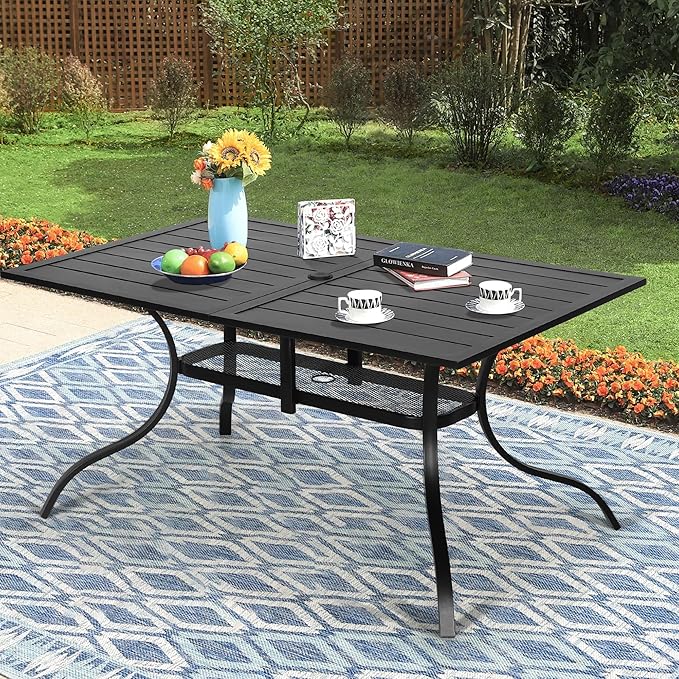 Oakcloud 60"x37" Patio Dining Table, Outdoor Metal Rectangular Table Patio Furniture Classic Black Table with 1.57" Umbrella Hole, for Garden Backyard Poolside Deck