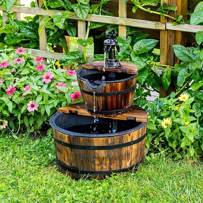 Backyard Expressions 2-Tier Cascading Barrel Fountain with Rustic Pump – Outdoor Water Feature for Garden, Patio, or Deck – Weathered Wood Look with Electric Recirculating Pump