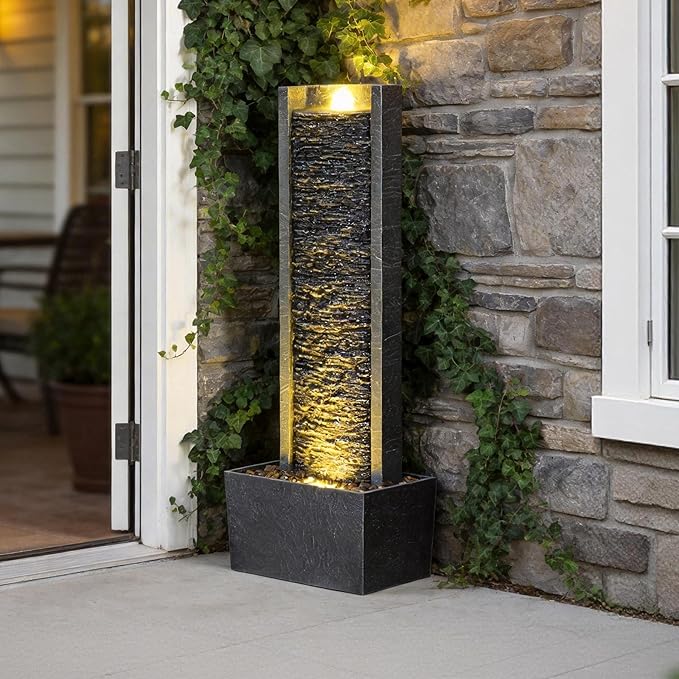 Outdoor Floor Standing Water Fountain with LED Lights, 36-Inch Modern Rectangular Cascading Waterfall Feature for Garden, Patio, Backyard, Deck & Home Decor, Durable Resin Stone-Look Finish
