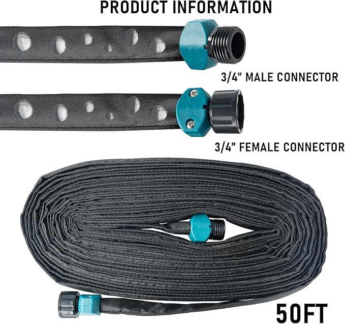 Hourleey Flat Soaker Hose 50 FT for Garden, 50' Linkable Consistent Drip Irrigation Hose, Leak-free Dual-layer Design Saving 80% Water Garden System Water Hose with Holes