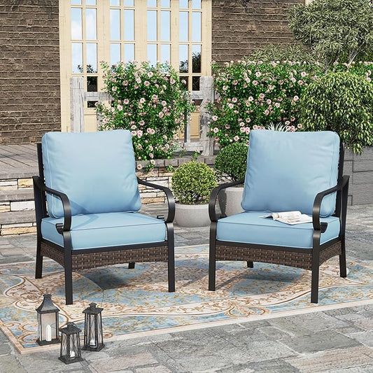 HERA'S HOUSE Patio Chairs Set of 2, High Back Outdoor Dining Chairs with Thick Cushions, All Weather Metal Frame Furniture for Garden, Backyard, Deck, Blue
