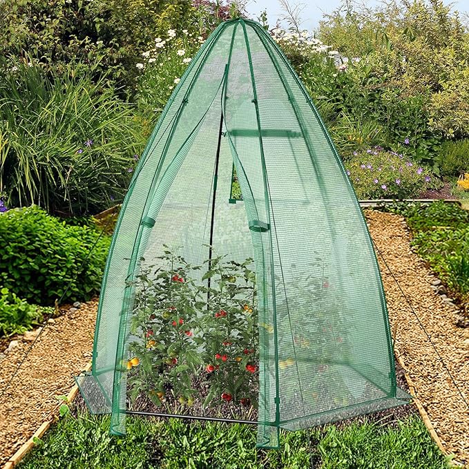Happygrill Portable Mini Greenhouse, Garden Green House W/Roll-up Zipper Door and Window, Windproof PE Cover, 9 Ground Stakes & 4 Windproof Ropes, Indoor and Outdoor Greenhouse for Backyard