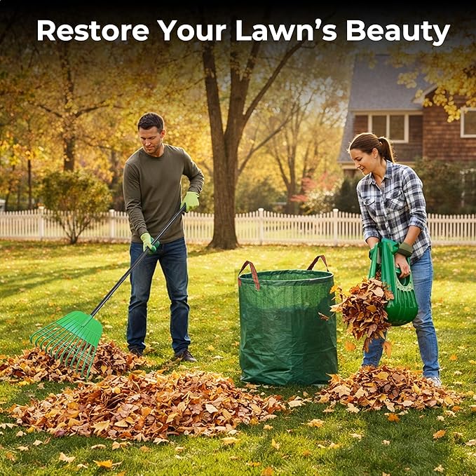 Gardzen Rake for Leaves and Hand Scoops Set, 67 inch Adjustable Long Handle, Crack Resistant Modified PE Rake & Scoops, Comes with Wrist Pads, 72 Gallon Bag, Gloves