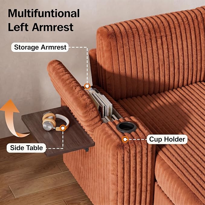 Vipbear 108" Modular Sectional Sleeper Sofa with Pull Out Bed, 4 Seat Plush Corduroy U Shaped Couch with USB Ports|Cup Holders|Side Table|Storage Chaise Armrests, Tool Free Assembly, Orange
