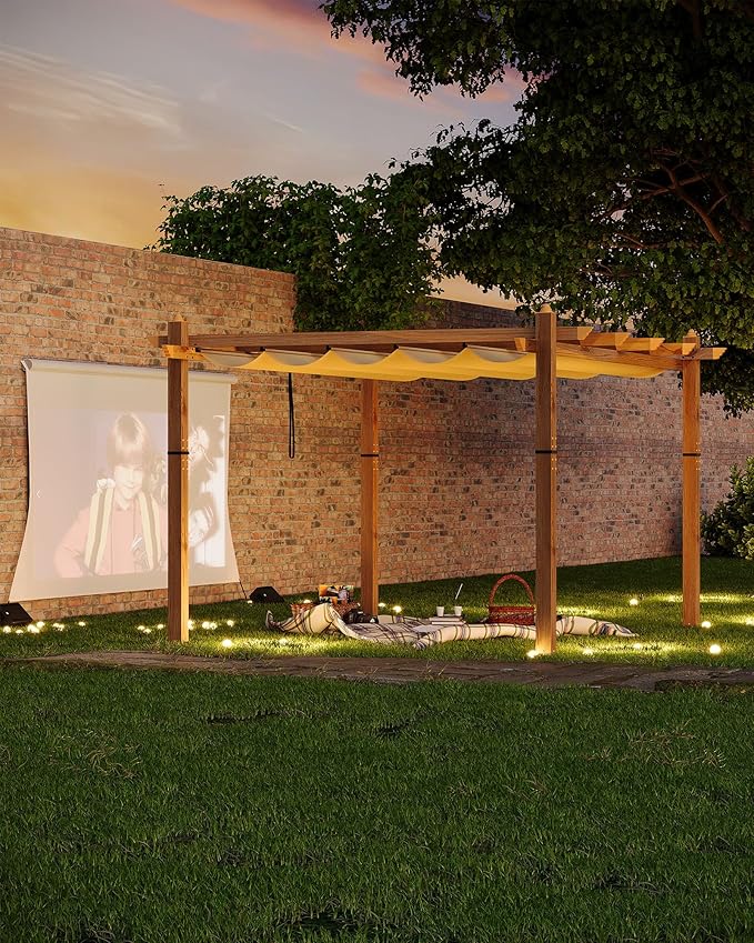 KYBOLT 10x13 Ft Outdoor Pergola with Retractable Canopy Upgraded Aluminum Faux Wood Grain Patio Pergola for Modern Backyard Deck Porch Grape Trellis(Khaki)