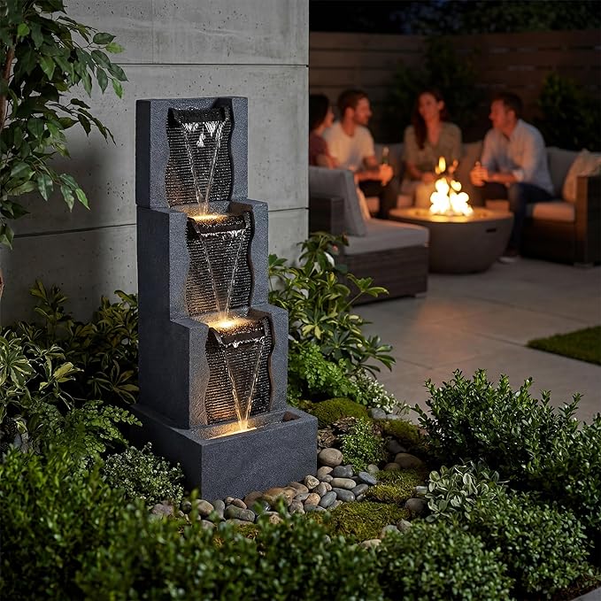 39-Inch Outdoor Water Fountain, 4-Tier Modern Cascading Resin Waterfall Fountain with 3 LED Lights, Indoor & Outdoor Water Feature for Garden, Patio, Backyard, Deck, Porch, Balcony in Black