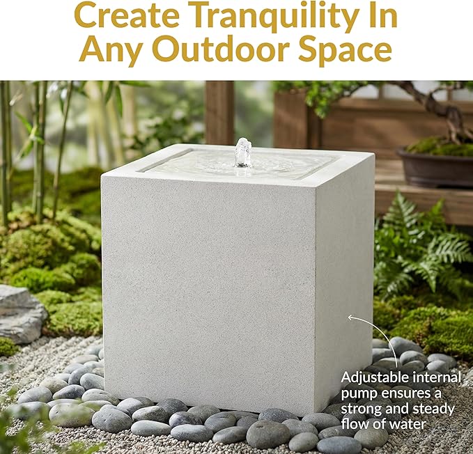 Sunnydaze Outdoor Water Fountain with LED Light - Modern Square Bubbler Water Feature with Pump - 17.5" H - for Patio, Garden, Deck, Relaxation and Stress Relief - Fog
