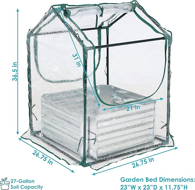 Sunnydaze Steel Raised Garden Bed with Mini Greenhouse - Outdoor Greenhouse Kit - 2 Zippered Doors - Clear - 2' x 2'
