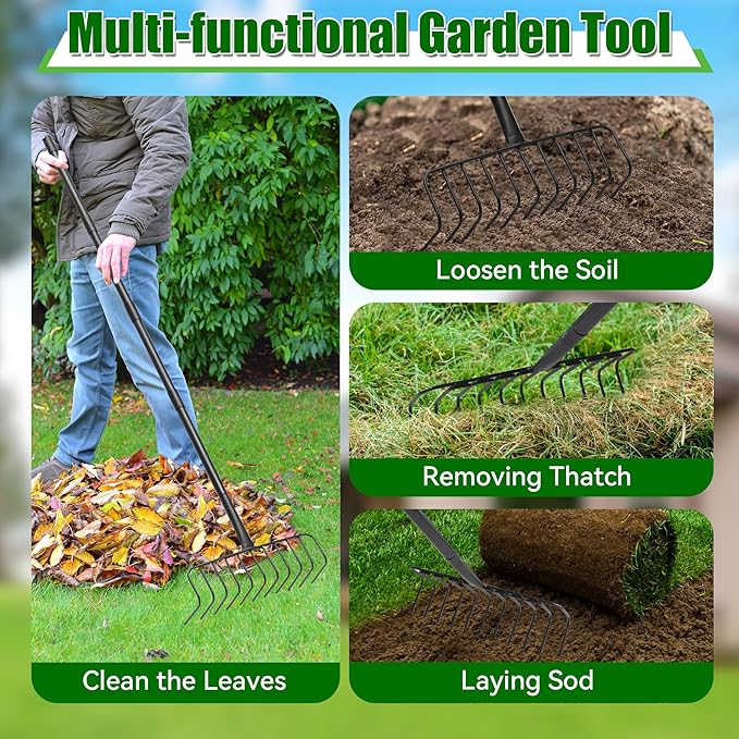 Bow Rake, Thatch Rake for Lawn, 82" Heavy Duty Lawn Leveling Rake with 11 Stainless Steel Tines, Adjustable Long Handle Garden Tool for Loosening Soil, Cleaning the Leaves, Removing Thatch, Laying Sod