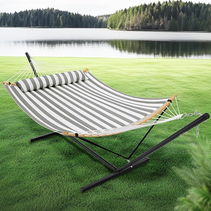 SUPERJARE Curved-Bar Hammock with Stand, 2 Person Heavy Duty Hammock Frame, Detachable Pillow & Portable Carrying Bag, Perfect for Outdoor & Indoor, Black and White Stripe