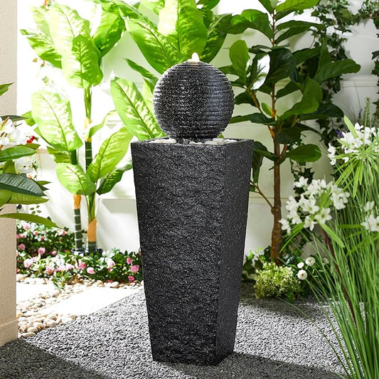 Glitzhome Outdoor Water Fountain, 40.25"H Modern Geometric Pedestal and Sphere Polyresin Waterfall Fountain, Outdoor Fountain with Pebbles, Pump and LED Light for Patio, Backyard, Garden, Deck(Black)