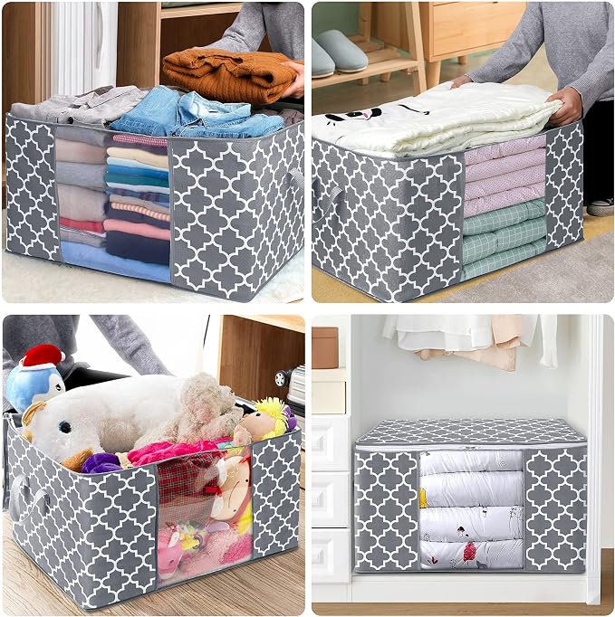 WISELIFE Storage Bags, Large Blanket Clothes Organization and Storage Containers for Bedding, Comforters, Foldable Organizer with Reinforced Handle, Clear Window,Sturdy Zippers,(Light Grey, 6 x 100L)