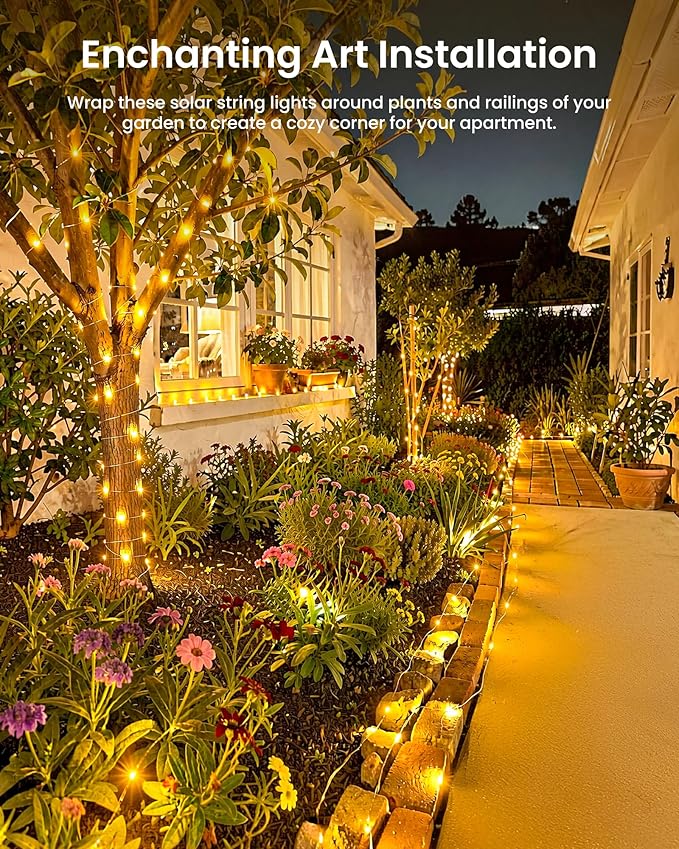 Minetom 2 Pack Solar String Lights, Total 66Ft 200 LED Solar Fairy Lights Outdoor Waterproof with 8 Modes, Twinkle Lights for Outside Patio Yard Tree Party Wedding DIY Christmas Decor (Warm White)