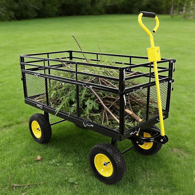 Steel Garden Cart 1100 lbs Capacity Heavy Duty Garden Wagons,with Removable Steel Mesh Sides to Convert into Flatbed,Utility Metal Wagon w/ 180°Rotating Handle (Big-Double-Layer-Pneumatic)