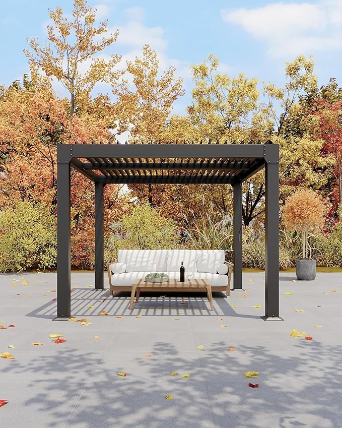 10x10 FT Louvered Pergola, Outdoor Aluminum Pergola with Adjustable Roof & Integrated Drainage System, Heavy Duty Hardtop Gazebo for Patio, Deck, Garden & Backyard
